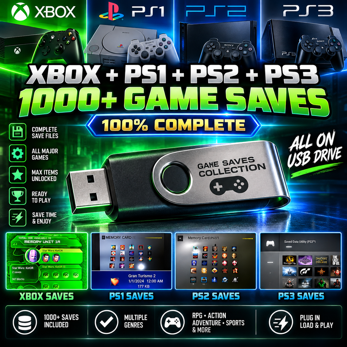 XBOX + PS1 + PS2 + PS3 Unlocked Save Collection - 1000+ SAVES BUNDLE - 100% Complete