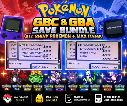 Pokemon | GBC & GBA Save Bundle | All Shiny Pokemon + Max Items