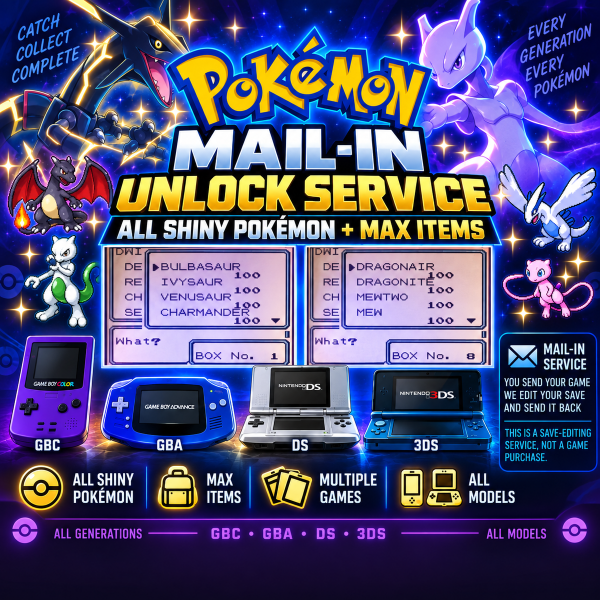 Servicio de desbloqueo por correo de Pokémon | Todos los Pokémon shiny + Artículos Max | (3DS, DS, GBA, GBC | Todos los modelos)