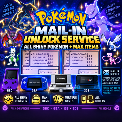 Servicio de desbloqueo por correo de Pokémon | Todos los Pokémon shiny + Artículos Max | (3DS, DS, GBA, GBC | Todos los modelos)