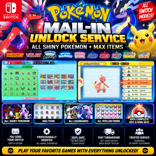 Pokemon Mail-In Unlock Service | All Shiny Pokemon + Max Items | (SWITCH | All Models)